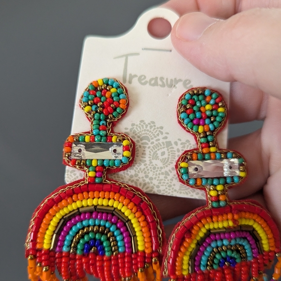 Rainbow Beaded Dangle Fringe Earrings Boutique Boho Maximalist - Picture 6 of 9
